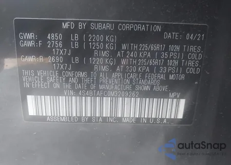 2021 Subaru Outback Premium из США, поврежденный, VIN 4S4BTAFC0M3209262